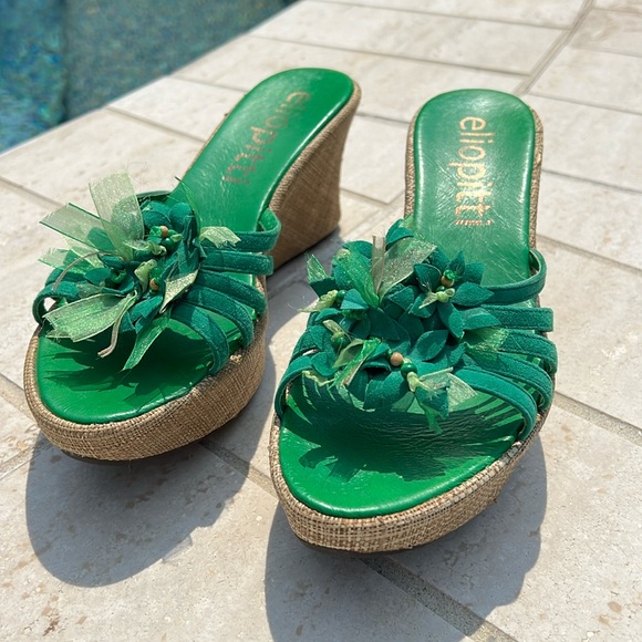 Green Slides Wedges Flower Ribbon Details Size 8 Platform Open Toe Elio Pitti - Picture 2 of 16